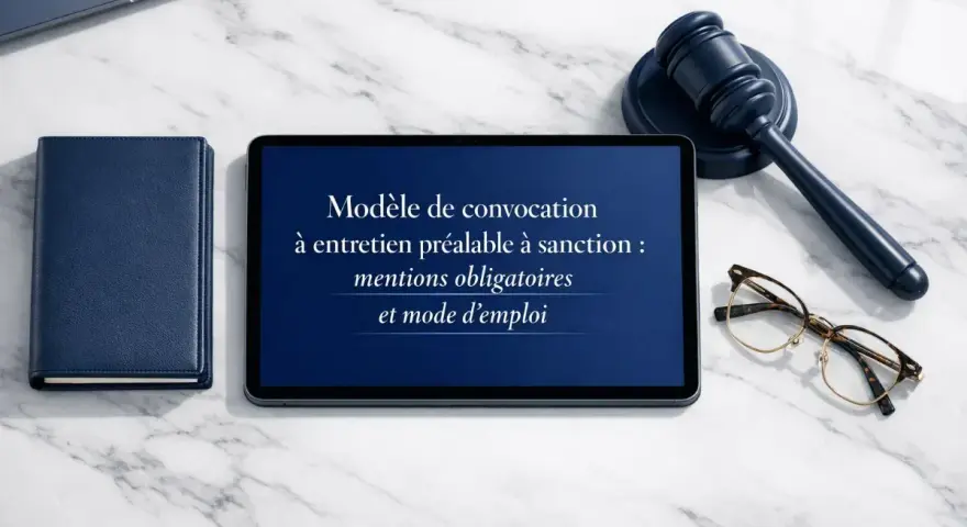 Modèle de convocation à entretien préalable à sanction : mentions obligatoires et mode d'emploi sur une tablette, avec un livre bleu, des lunettes et un maillet de juge.