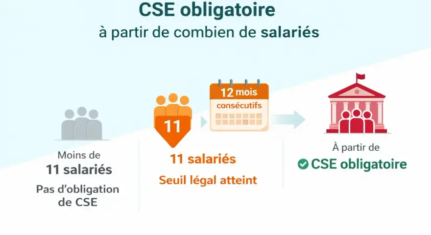 Moins de 11 salariés : pas d'obligation de CSE. 11 salariés et 12 mois consécutifs : CSE obligatoire.