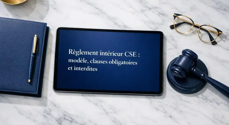 Sur une table en marbre, un règlement intérieur CSE est affiché sur une tablette. Un maillet de juge, des lunettes et un carnet bleu avec un stylo sont disposés autour. Le délai convocation cse 3 jours ouvrables est un point clé.