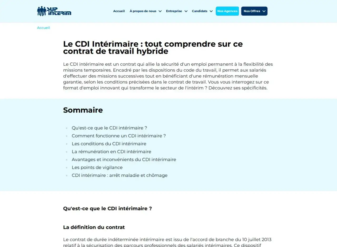 Le CDI intérimaire, un contrat hybride alliant sécurité et flexibilité, est expliqué en détail. Il offre une rémunération garantie pour des missions successives.