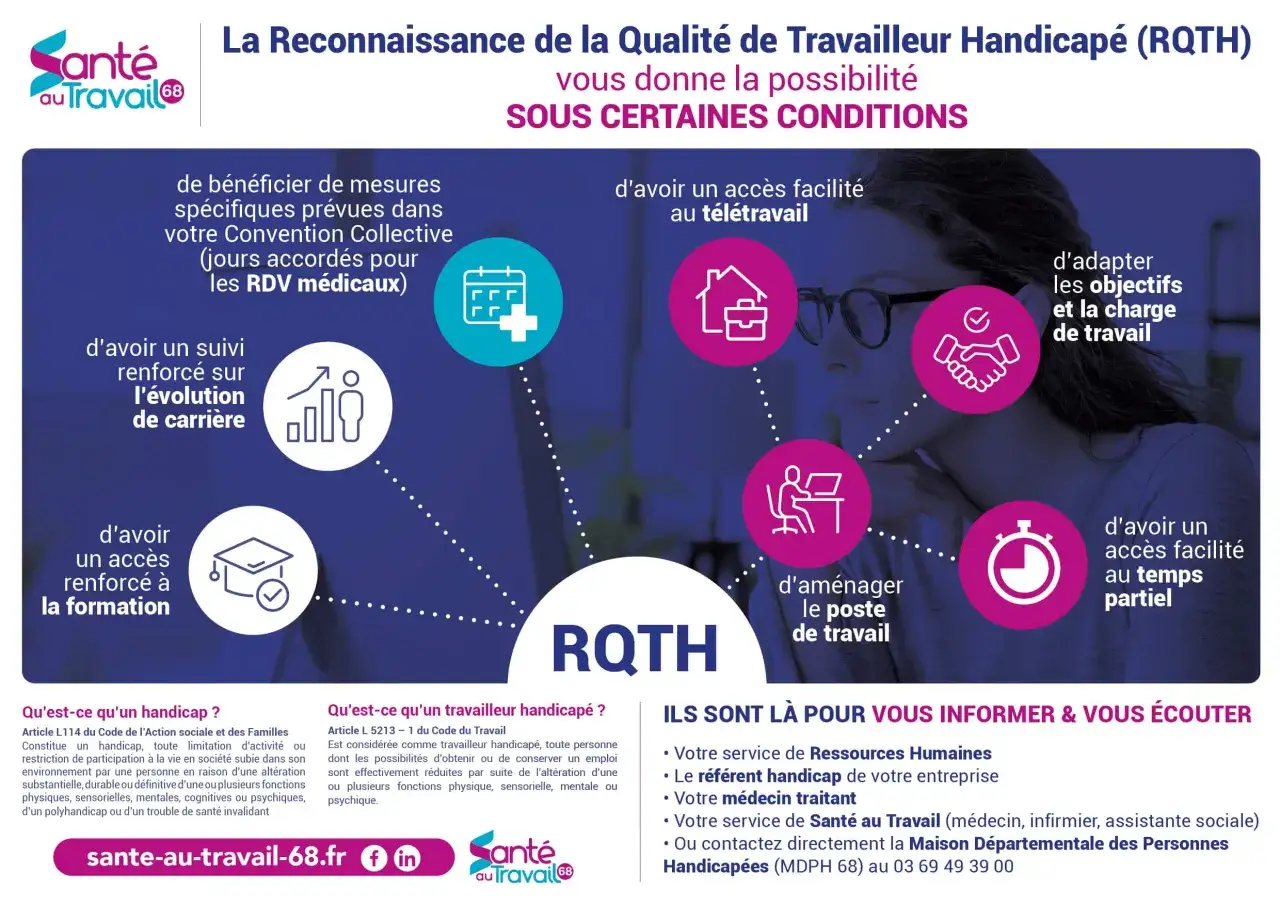 La RQTH offre des avantages : suivi de carrière, formation, télétravail, adaptation du poste. C'est une autorisation d'absence travailleur handicapé.