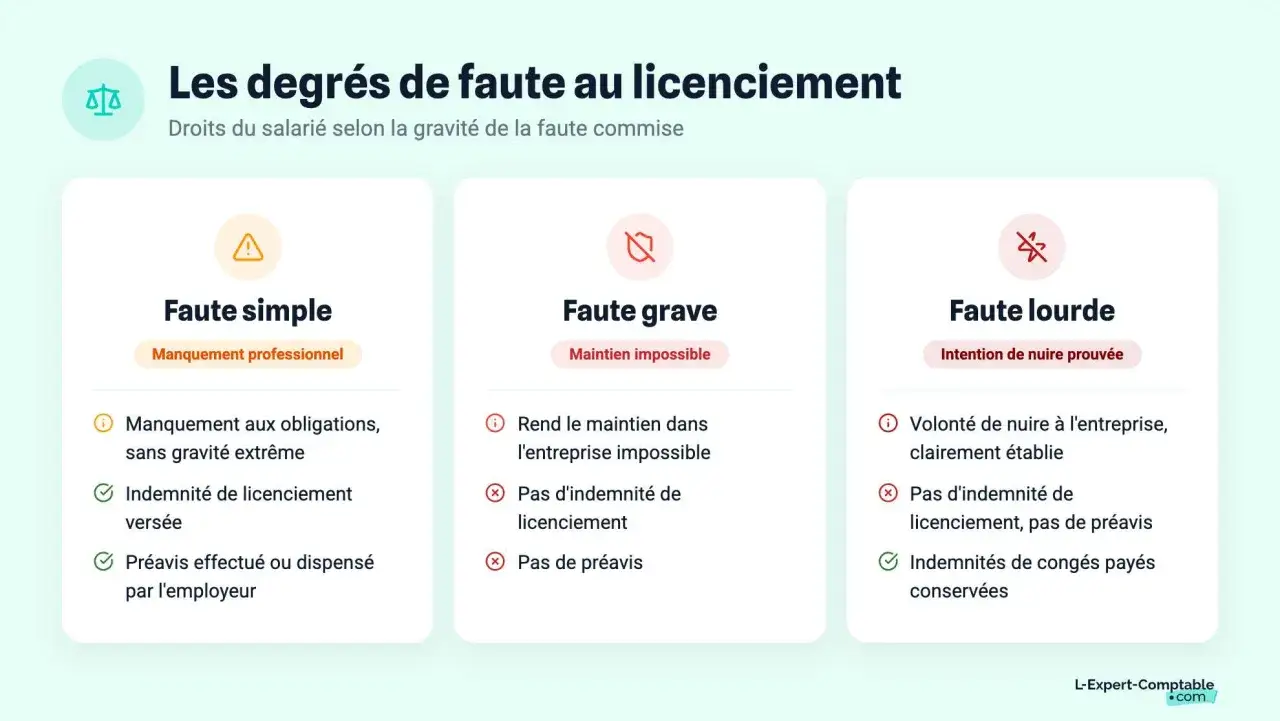 Tableau comparatif des degrés de faute au licenciement : faute simple, faute grave et faute lourde, détaillant les droits du salarié selon la gravité de la faute commise.