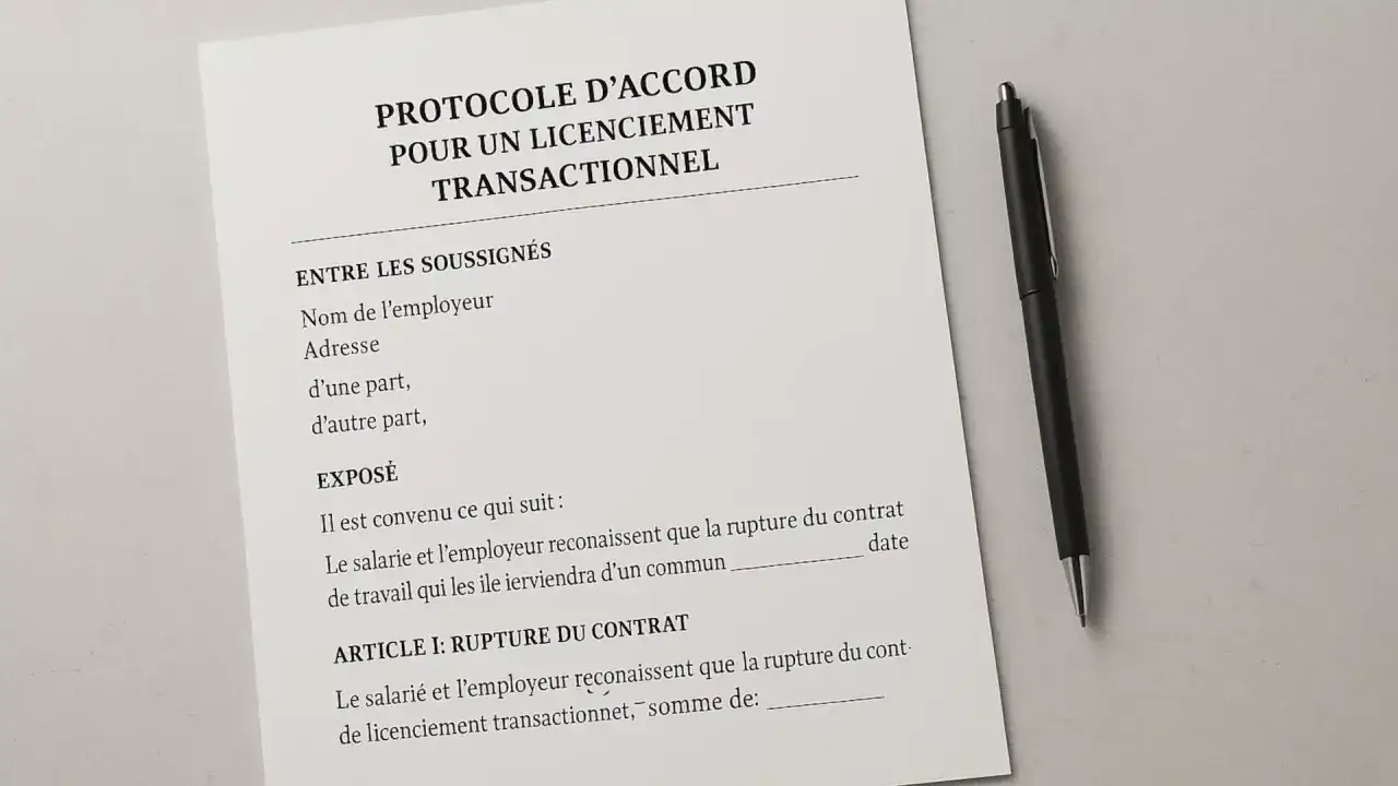 Protocole d'accord pour un licenciement transactionnel en France. Un stylo noir repose à côté du document.