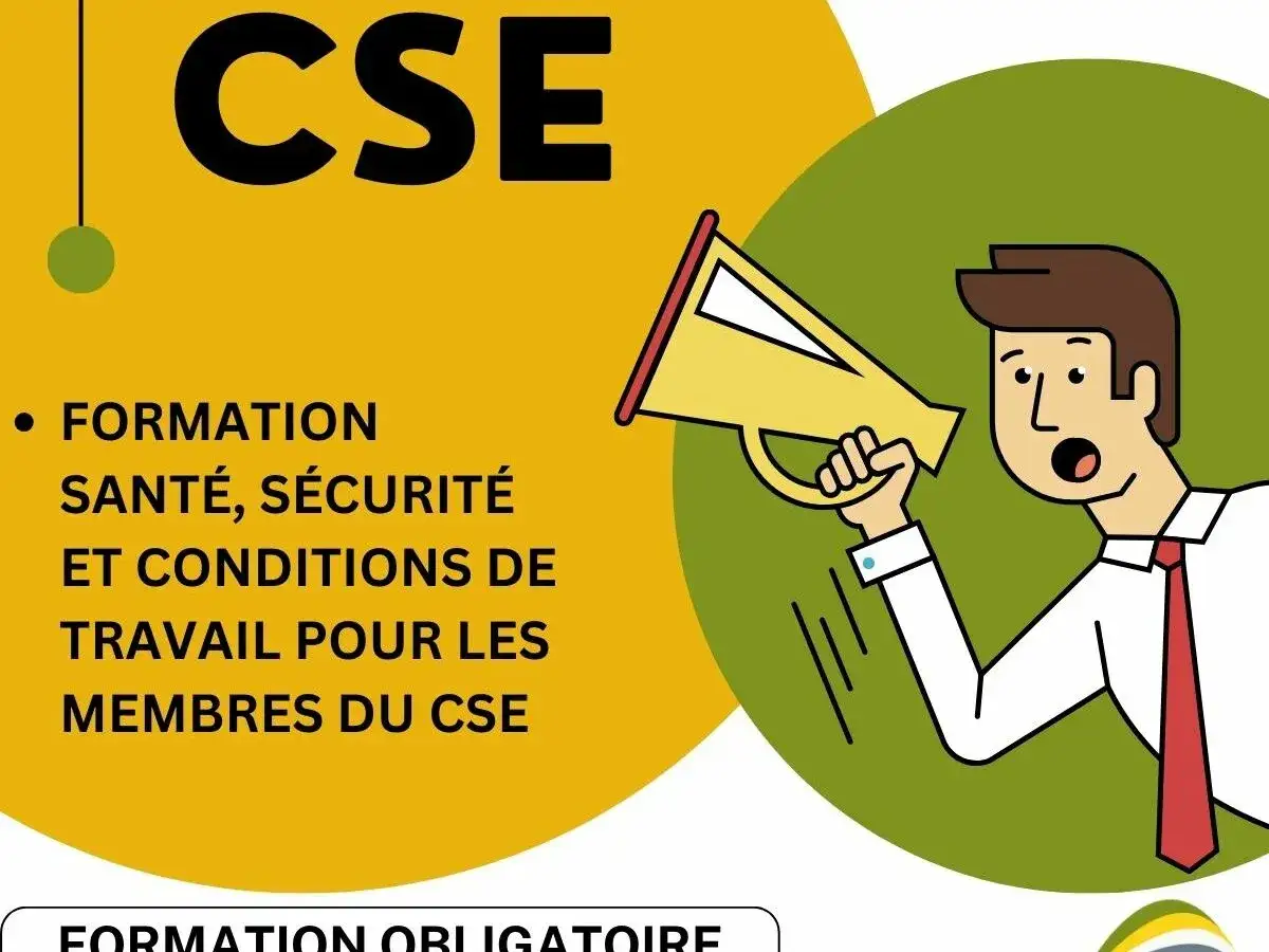 Illustration d'une formation obligatoire CSE. Un homme avec un m&eacute;gaphone annonce la formation sant&eacute;, s&eacute;curit&eacute; et conditions de travail pour les membres du CSE.