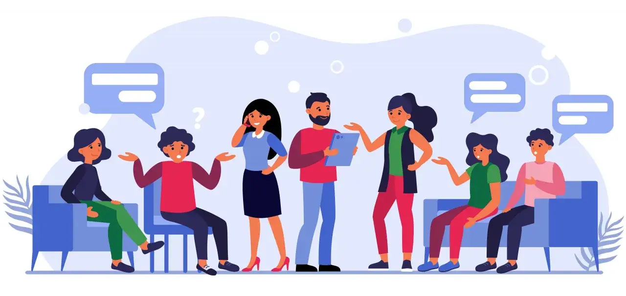 Groupe de personnes discutant, peut-être pour définir le nombre mandat CSE. Des bulles de dialogue indiquent la communication.