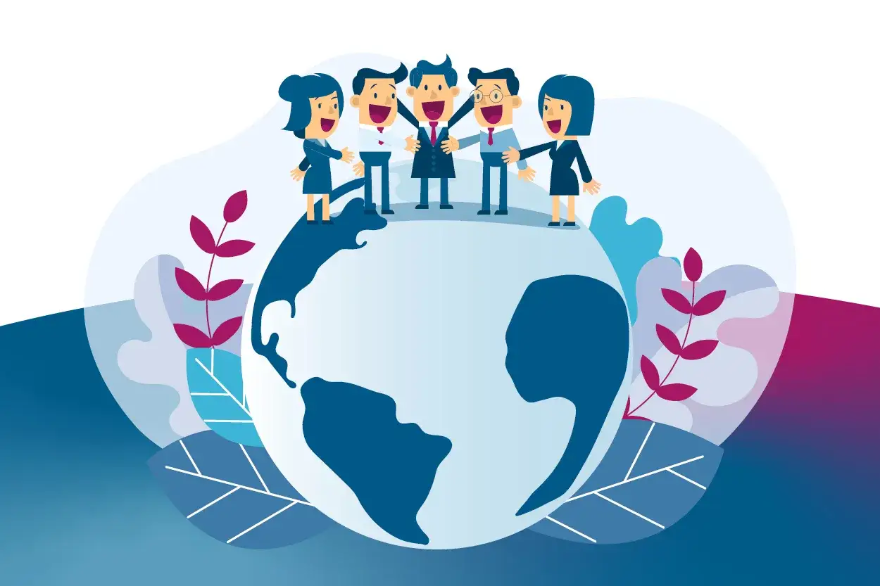 Cinq personnes joyeuses, repr&eacute;sentant la bdese def, s'enlacent sur un globe terrestre, symbolisant l'unit&eacute; mondiale et la collaboration.
