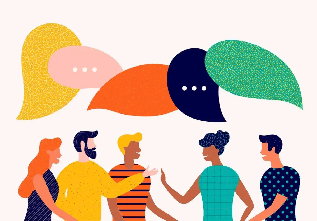 Cinq personnes discutent, leurs paroles s'entrem&ecirc;lant en bulles color&eacute;es. Une sc&egrave;ne de communication, une repr&eacute;sentation de la nao def (non-verbal communication).