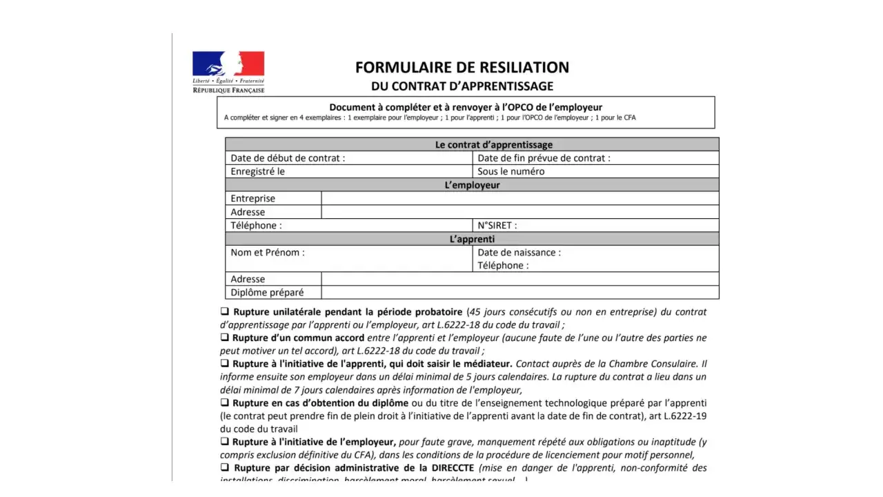 Formulaire de r&eacute;siliation du contrat d'apprentissage. Ce document officiel permet de d&eacute;clarer une rupture contrat alternance, en pr&eacute;cisant les motifs.