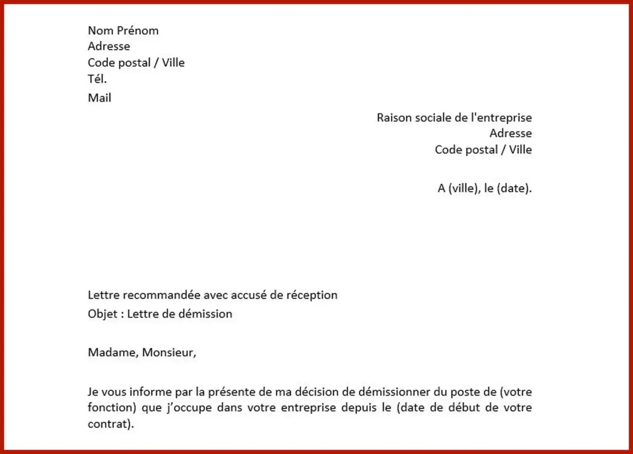 Modèle de lettre de démission. Ce document explique comment écrire une lettre de démission, avec les champs à remplir pour l'expéditeur et l'entreprise.