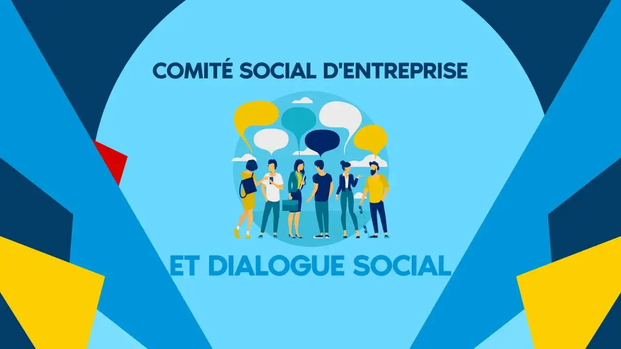 Illustration d'une réunion CSE avec des bulles de dialogue symbolisant la communication et le dialogue social.