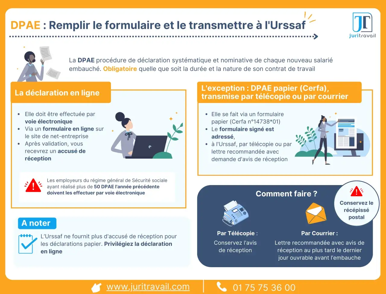 La DPAE, obligatoire pour chaque nouvel employ&eacute;, peut se faire en ligne ou par exception en papier. Privil&eacute;giez la d&eacute;claration en ligne pour un accus&eacute; de r&eacute;ception rapide.
