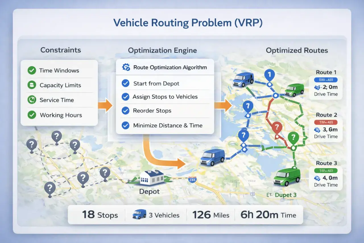 Le problème de tournées de véhicules (VRP) optimise les contraintes (fenêtres horaires, capacité) pour minimiser distance et temps.
